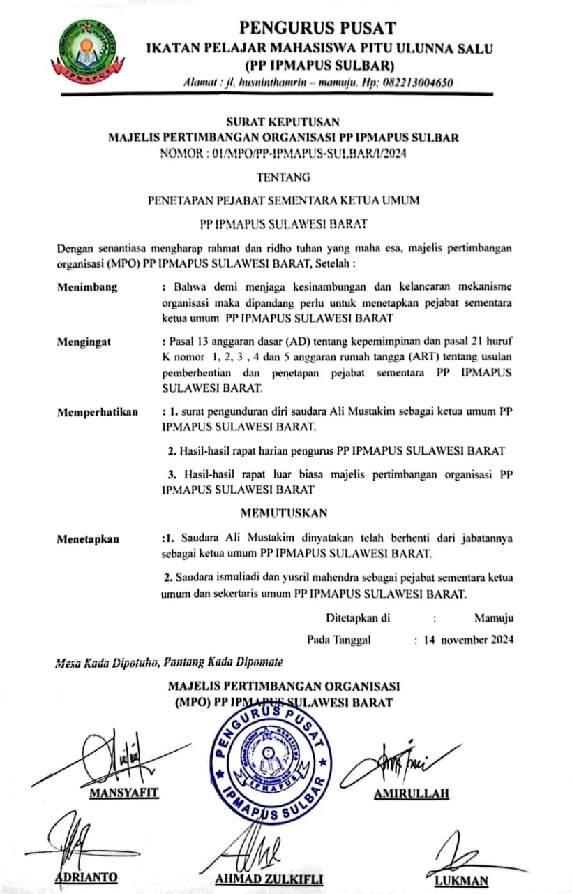 Sk Penetapan PLT Ketua Umum IPMAPUS Sulbar